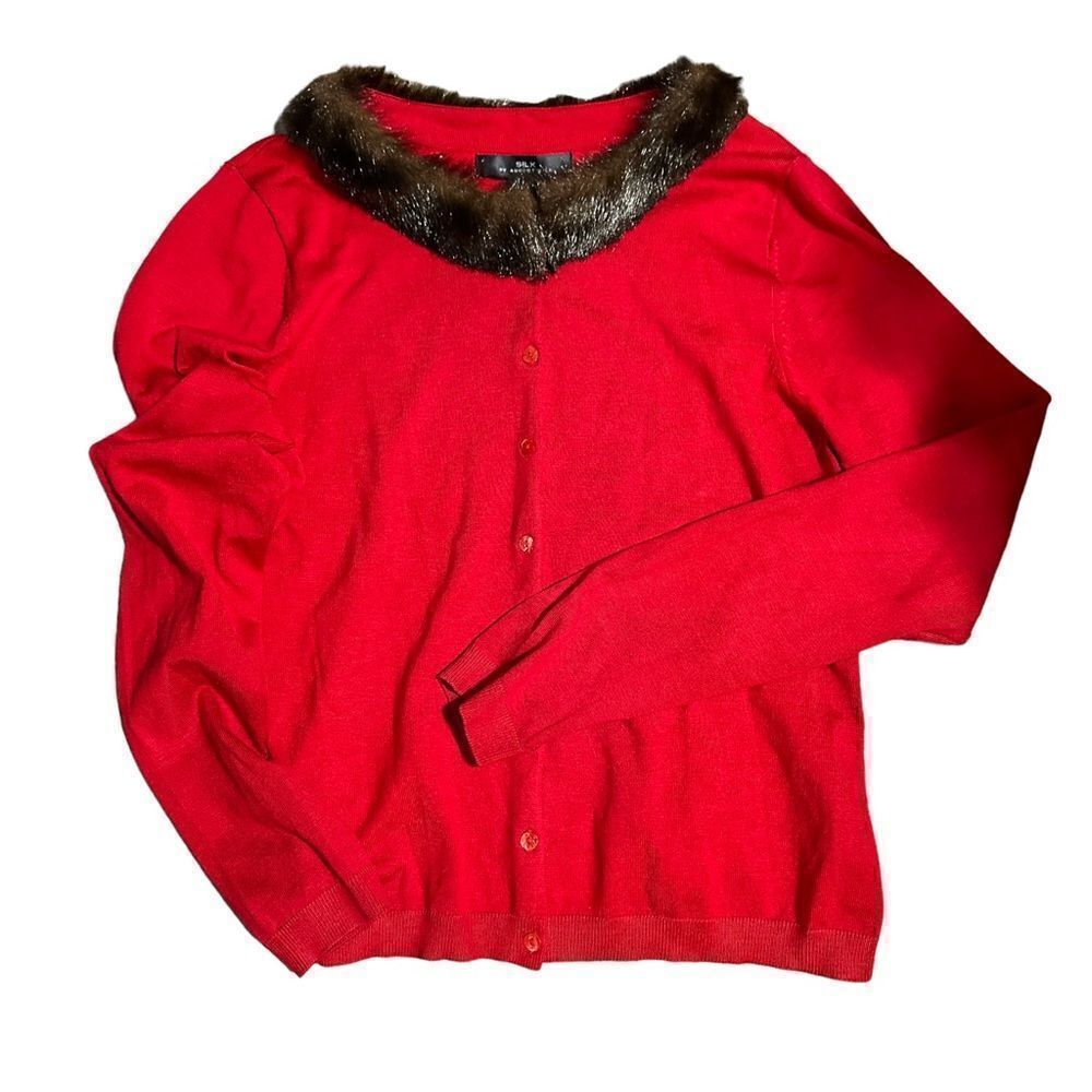 SILX By August Silk Red Fur Lined Cardigan Top Size Medium